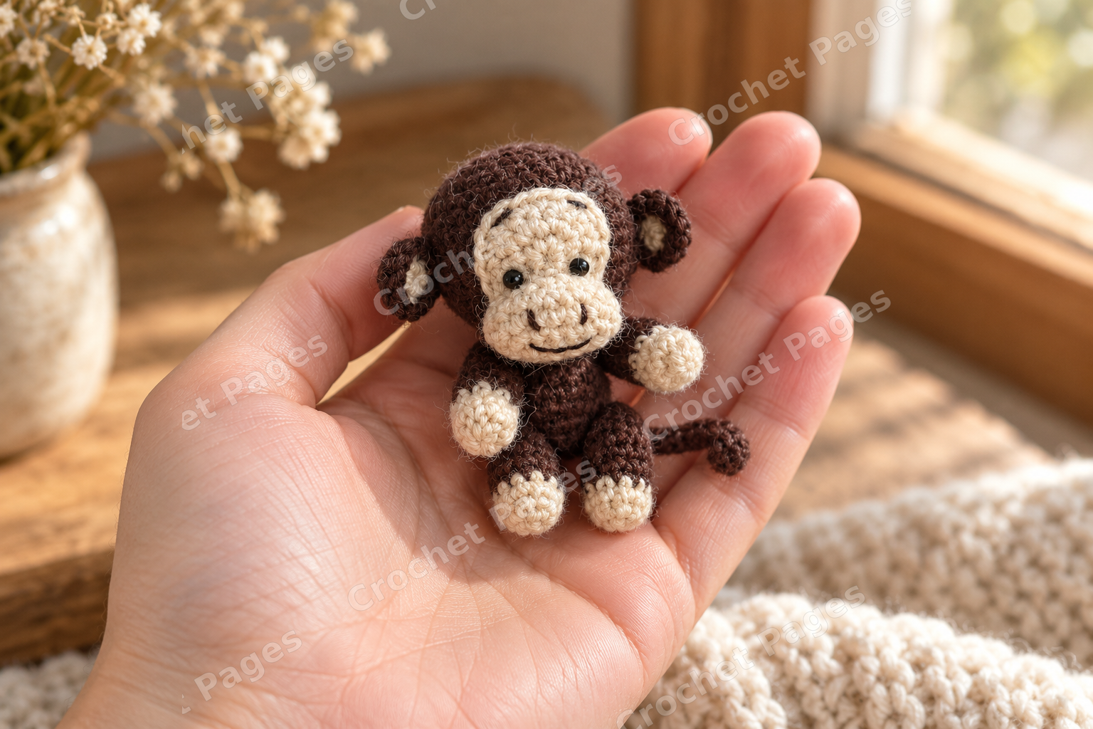 Mini crocheted monkey with a pale muzzle and jointed limbs; a closer view of the yarn sample.