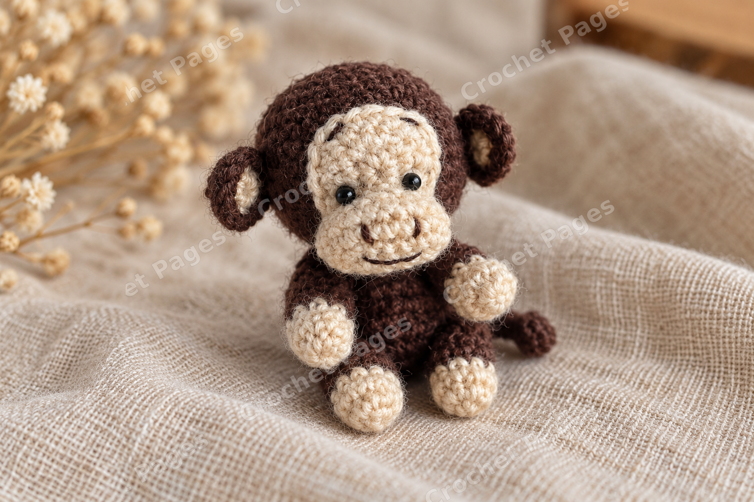 Mini crocheted monkey with a pale muzzle and jointed limbs; another view of the finished crochet sample.
