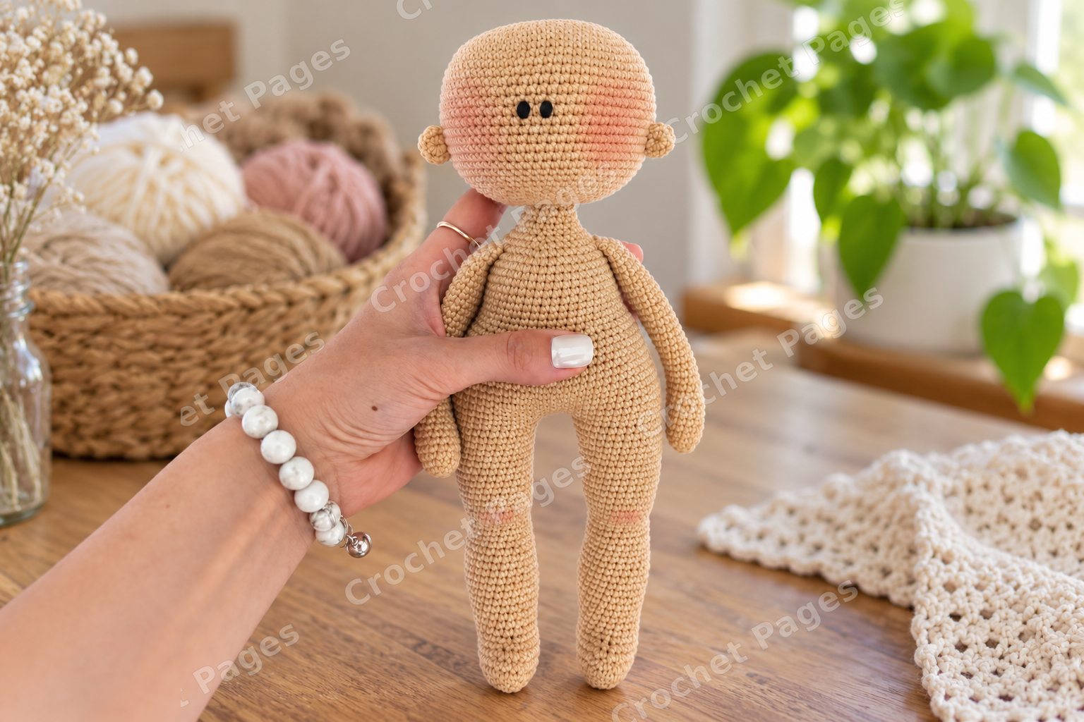 Undressed crochet doll base with long legs, shaped feet and separate arms; a closer view of the yarn sample.