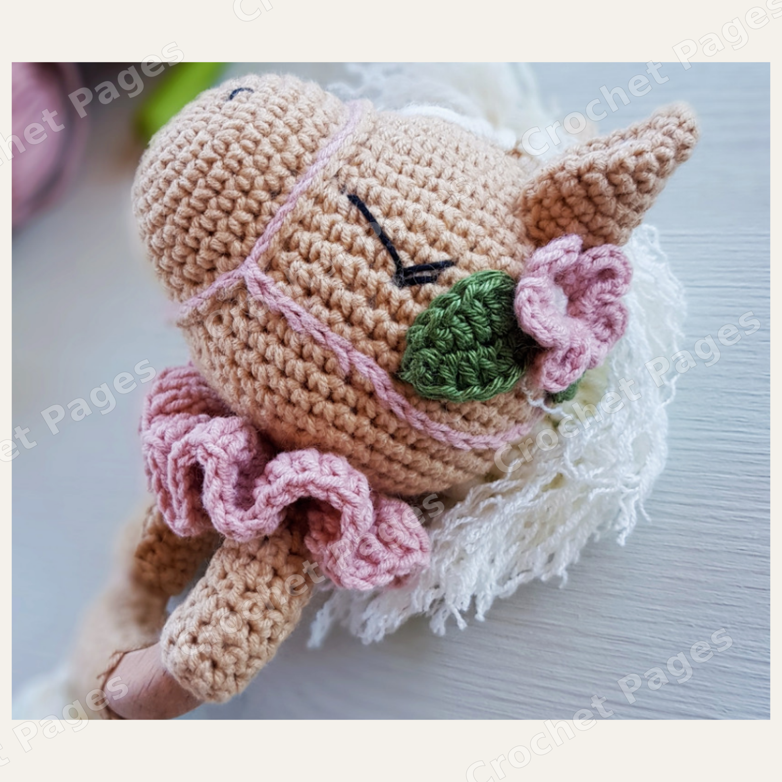 Horse Rattle finished crochet project shown in the actual pattern photographs