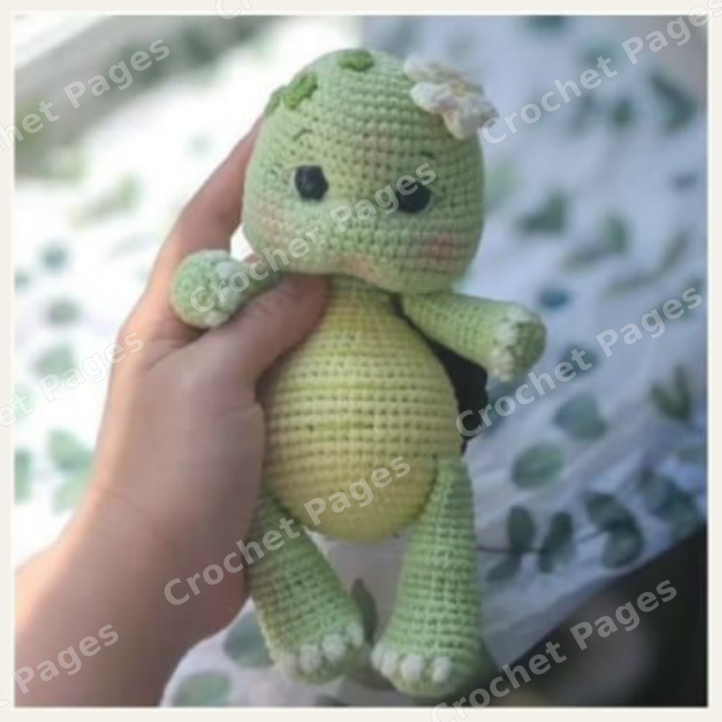 Turtle finished crochet project shown in the actual pattern photographs