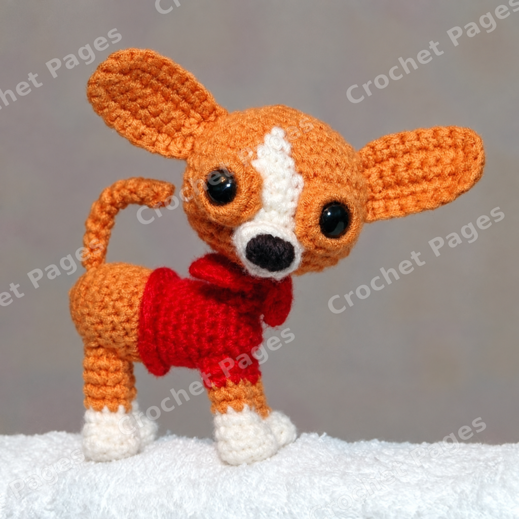 Make a big-eared Chihuahua with a shaped muzzle, white paws, curved tail, red sweater and gathered collar. Finished-project view.