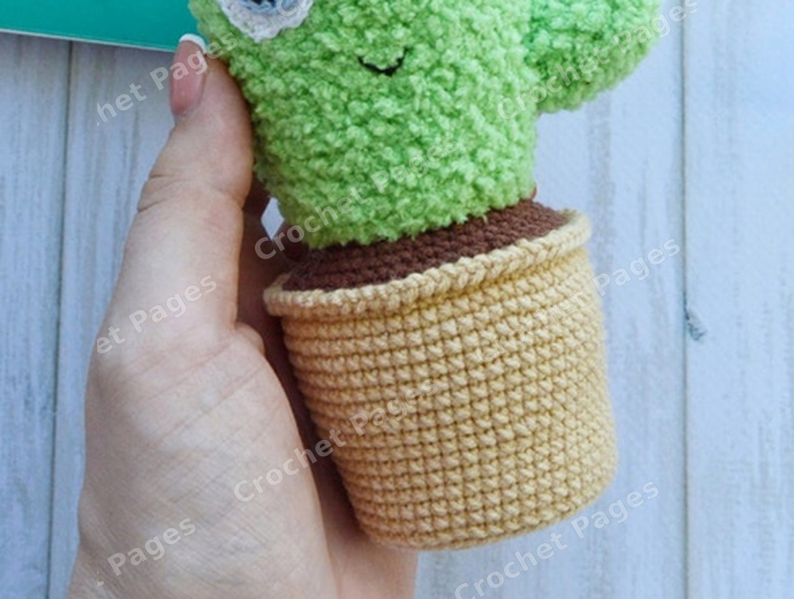 Make a soft cactus with two side shoots, large layered eyes, crocheted flowers and an integrated pot and soil section. Detail of the crocheted project.