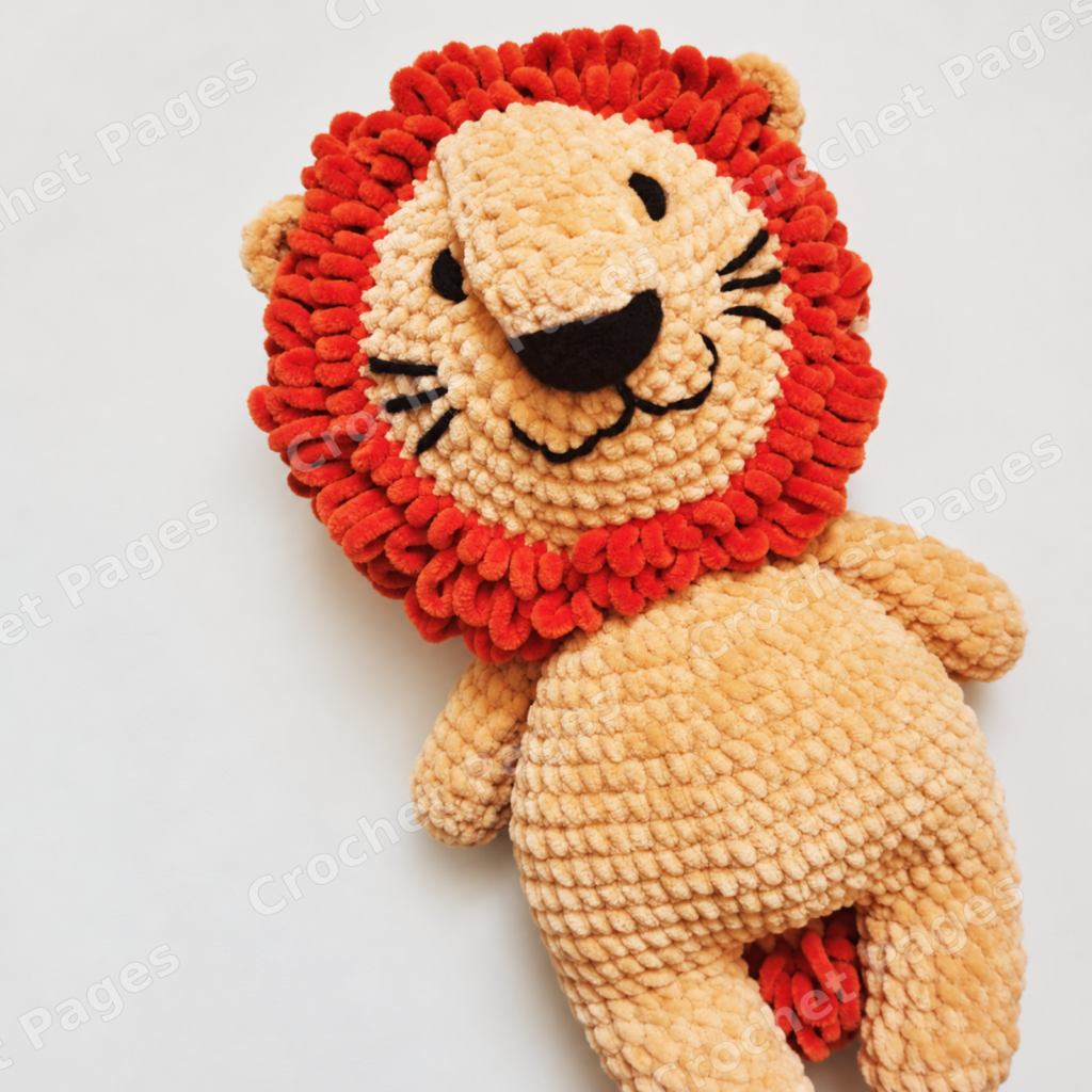 Crochet a seated lion with a loop-stitch mane, long arms, joined legs and body, a muzzle strip and a looped tail tip. Includes loop-stitch demonstration photos. Finished-project view.