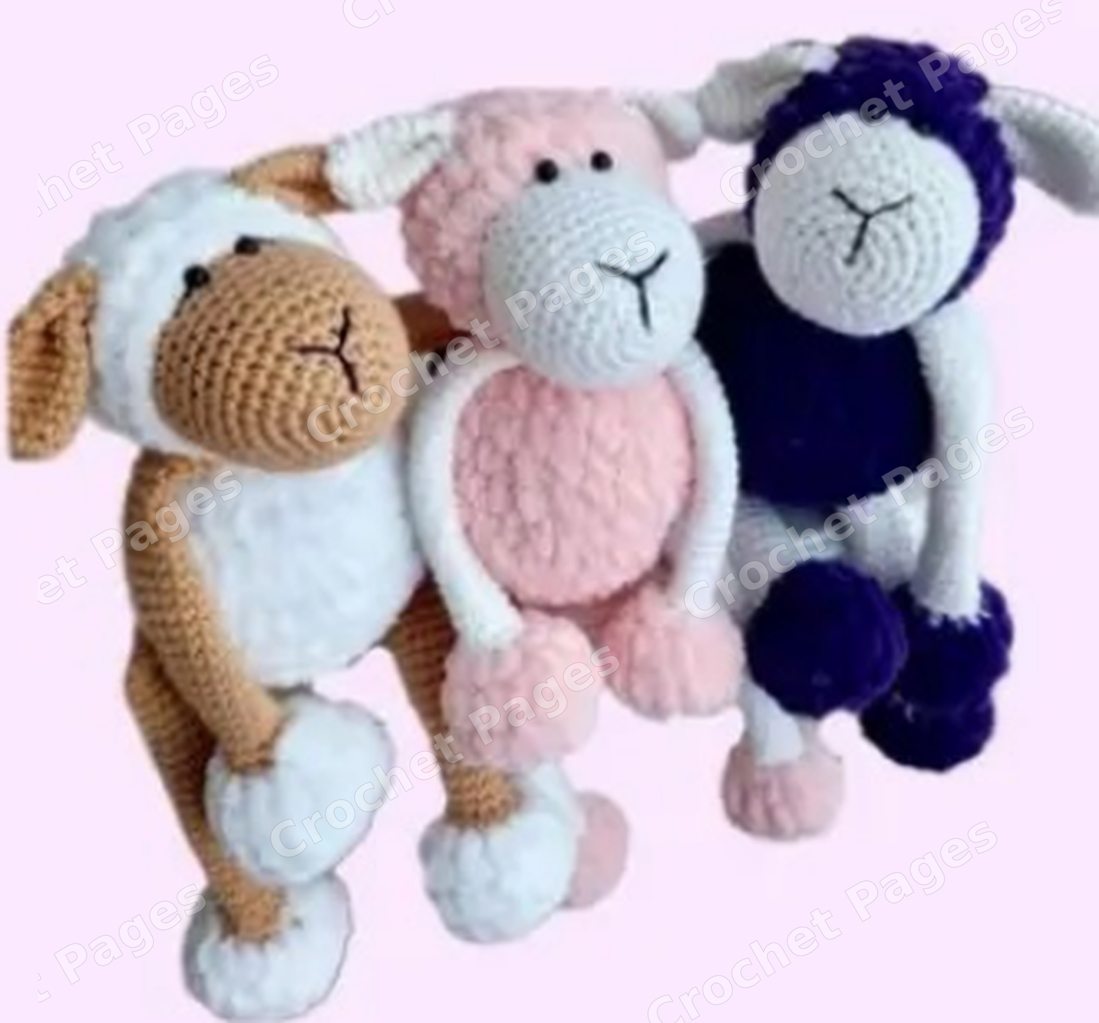 Make a soft sheep with a fluffy body, long slender limbs and folded ears, suitable for seated display. Finished-project view.