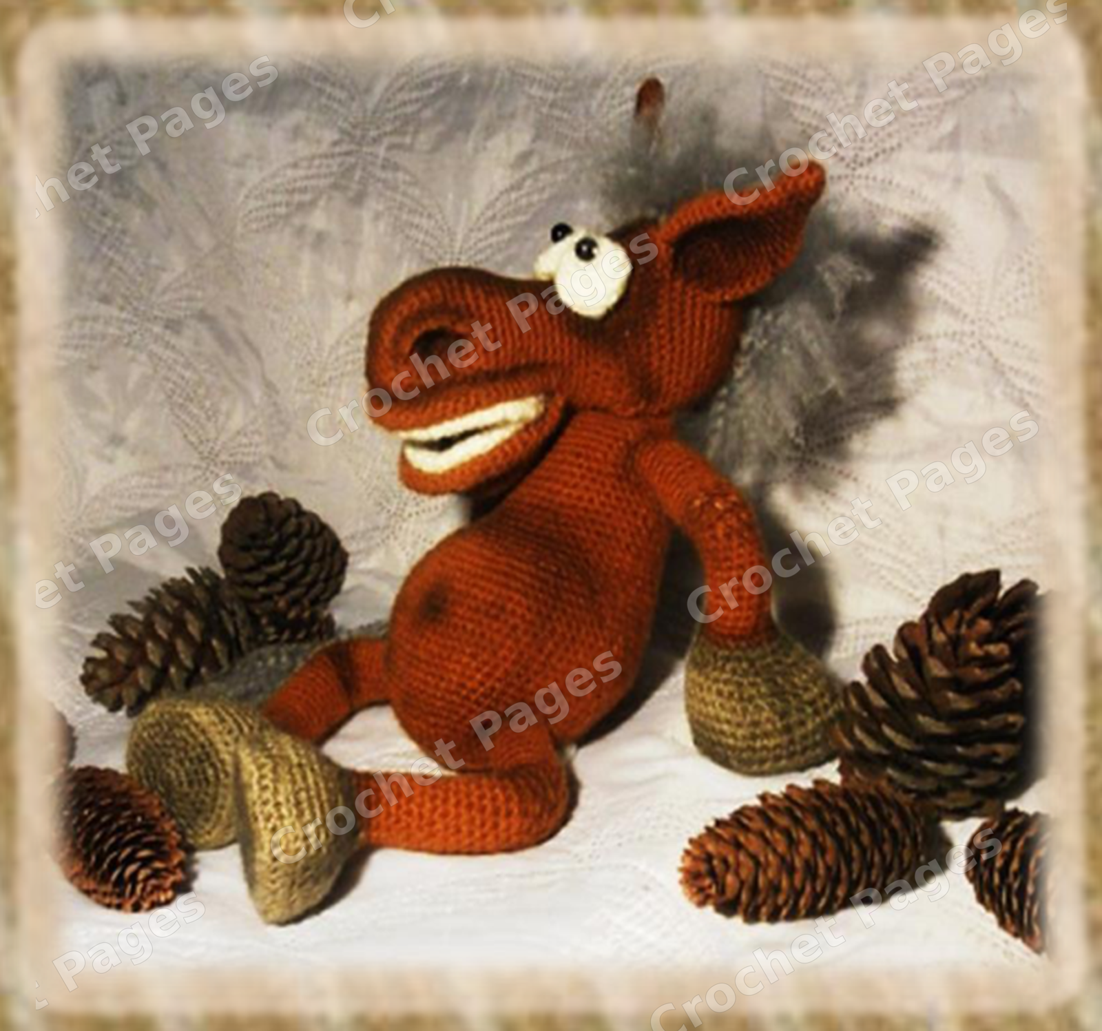 Make an expressive horse with a broad sculpted smile, crocheted teeth, rounded hooves, brushed mane and tail, and wire-supported limbs.