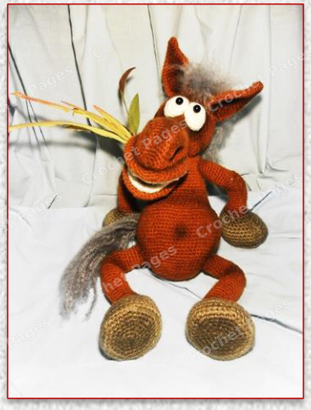 Make an expressive horse with a broad sculpted smile, crocheted teeth, rounded hooves, brushed mane and tail, and wire-supported limbs.