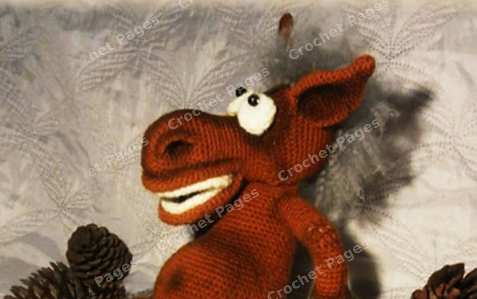 Make an expressive horse with a broad sculpted smile, crocheted teeth, rounded hooves, brushed mane and tail, and wire-supported limbs.