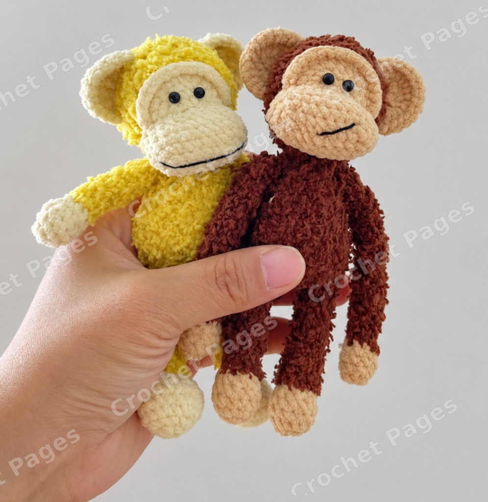 Crochet a long-limbed monkey with a contrasting face, rounded ears and a curled tail. Finished-project view.