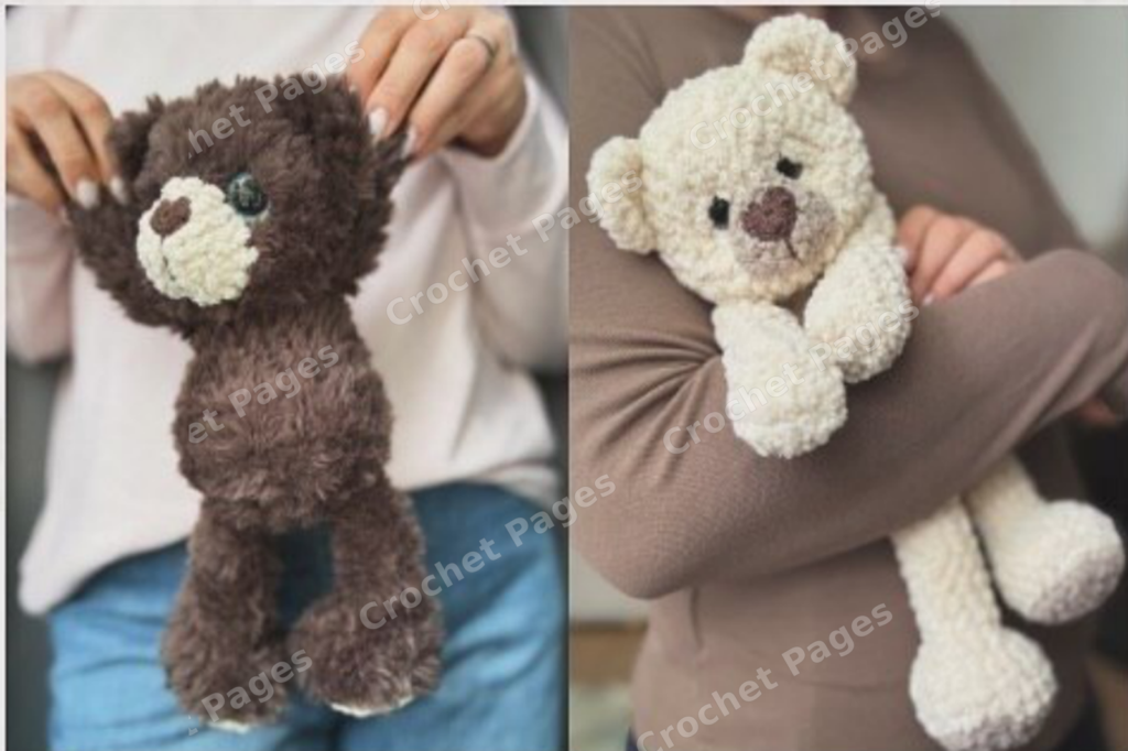 Make a fuzzy teddy bear with contrasting paws and muzzle, large eyes and a sculpted face. Limbs and tail are joined while crocheting the body. Finished-project view.